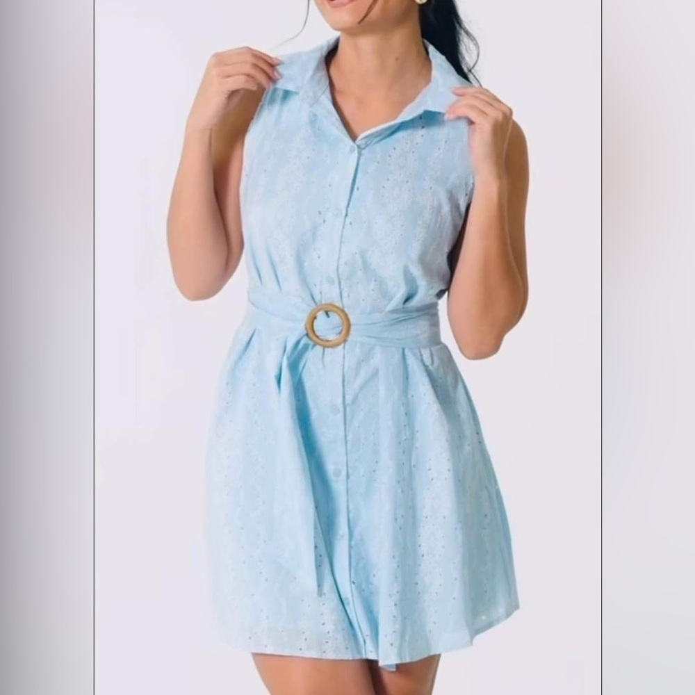 Light Blue Sleeveless Eyelet Mini Dress with Belt